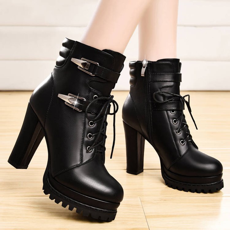Double Buckle Lace Up High Heel Boots