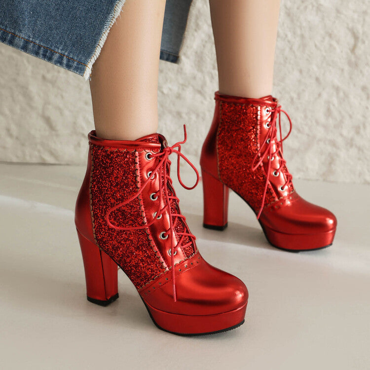 Thick Heel Lace-up Sequins Fashion Boots