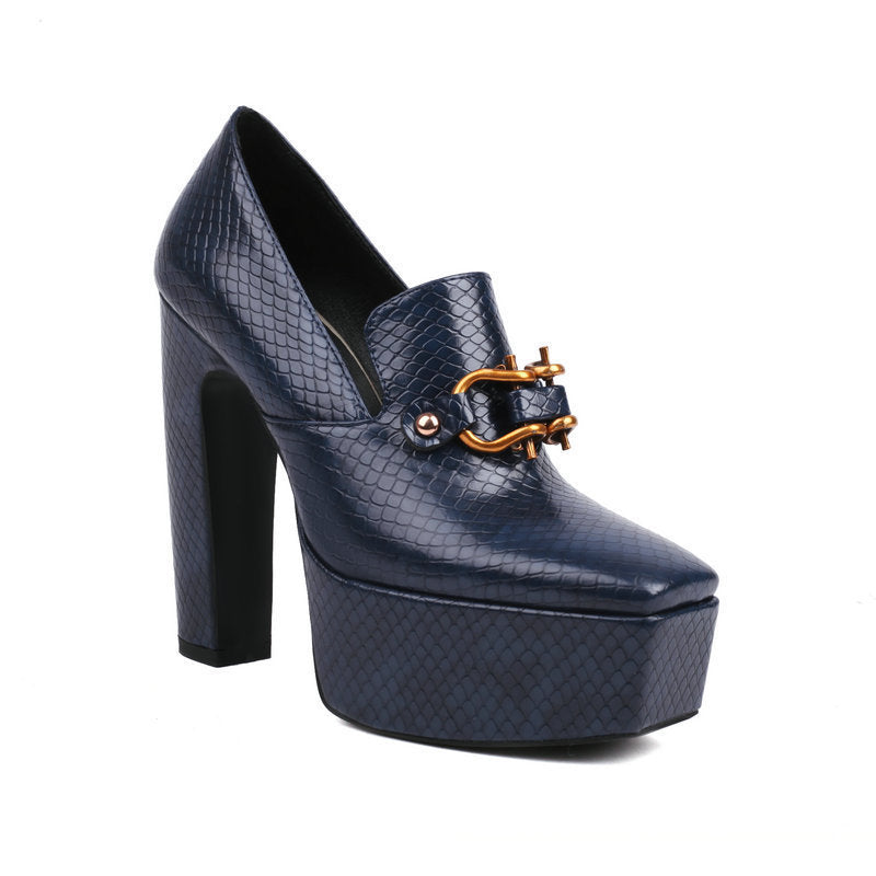 Square Toe Chunky Snake Print Block Heels