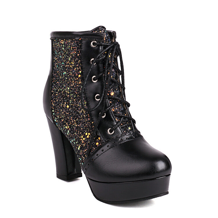 Thick Heel Lace-up Sequins Fashion Boots