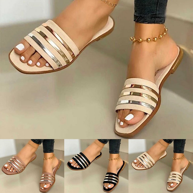 Stripe Strap Flat Slippers
