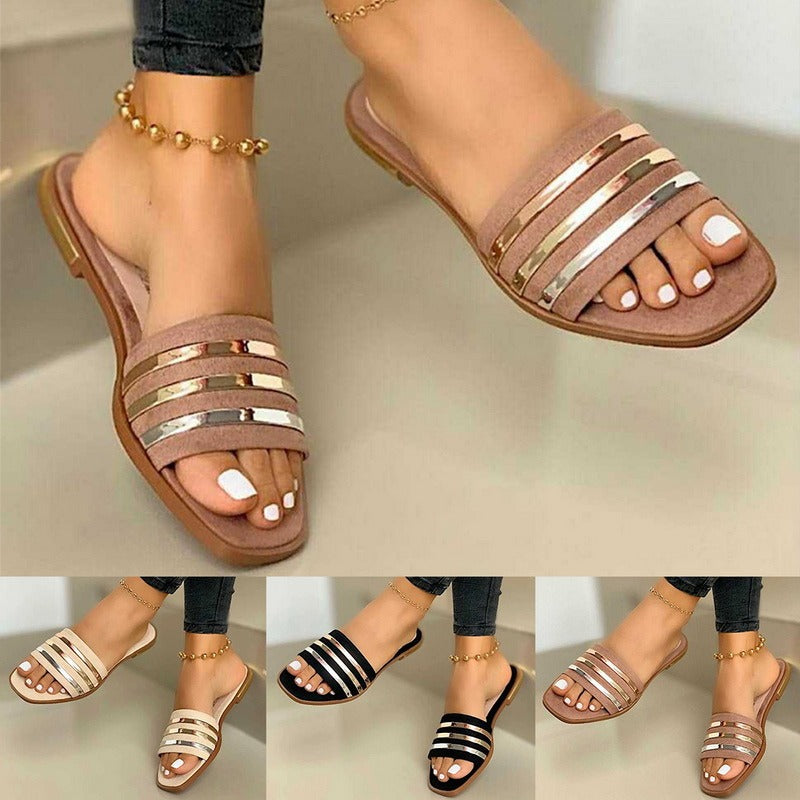 Stripe Strap Flat Slippers