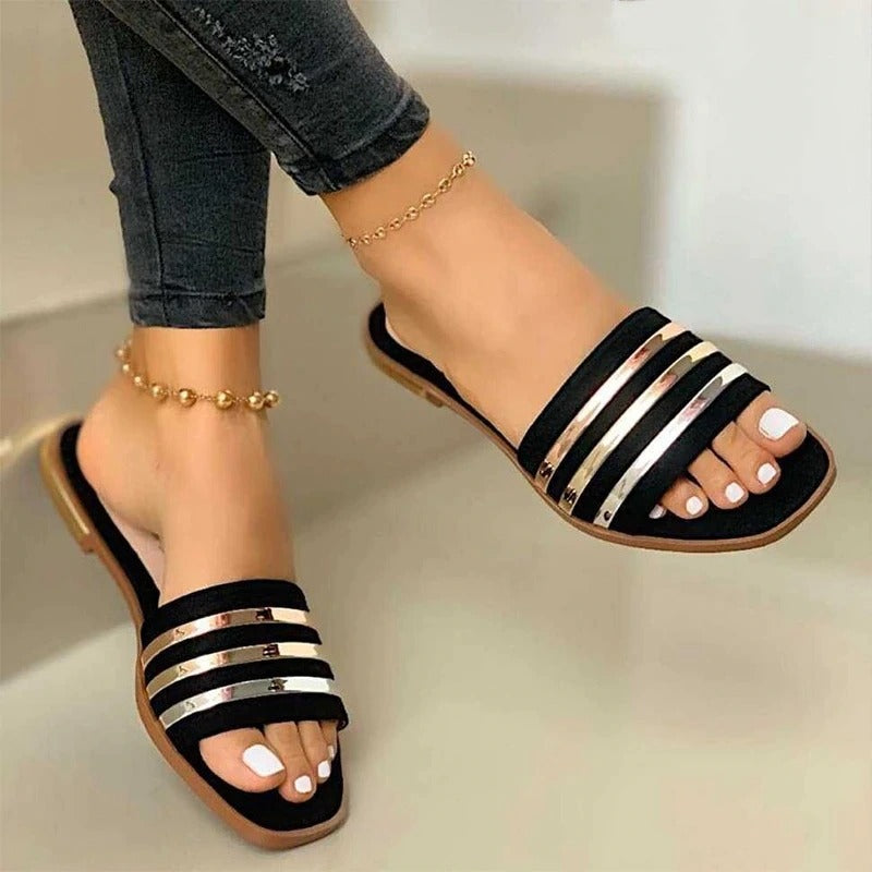 Stripe Strap Flat Slippers