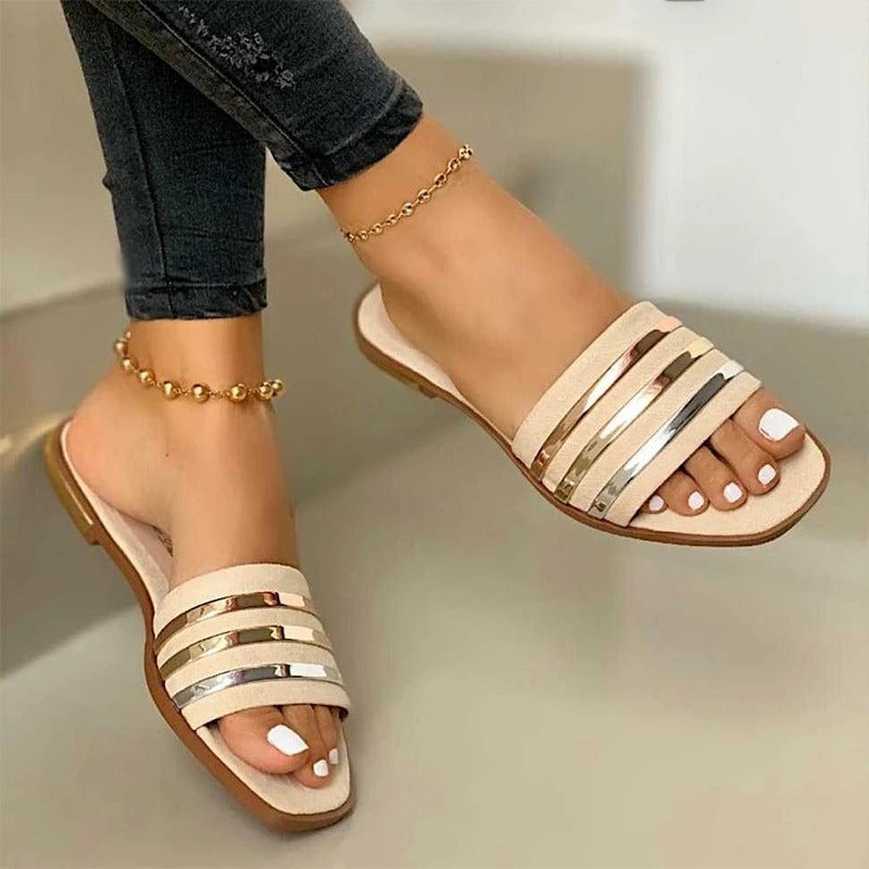 Stripe Strap Flat Slippers