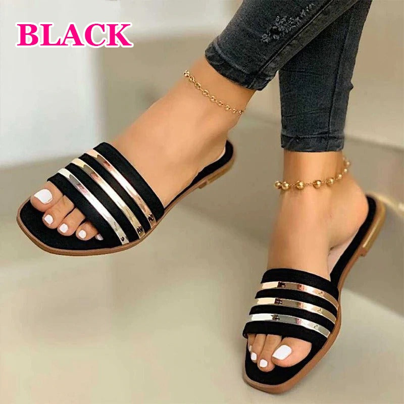 Stripe Strap Flat Slippers