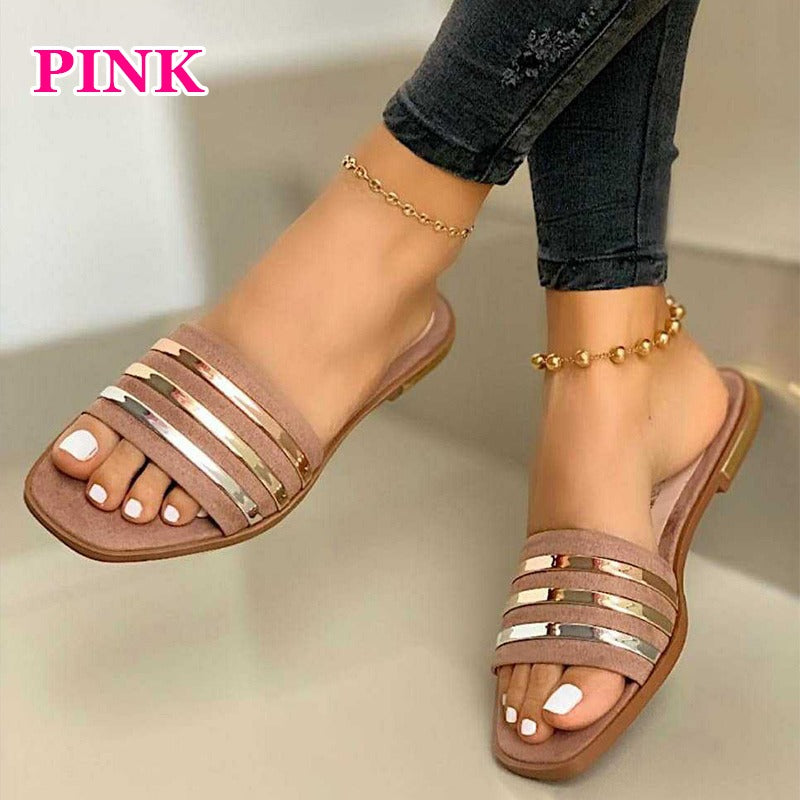 Stripe Strap Flat Slippers