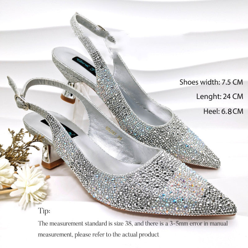 Stripe Rhinestone Pointed-Toe Mid Heels