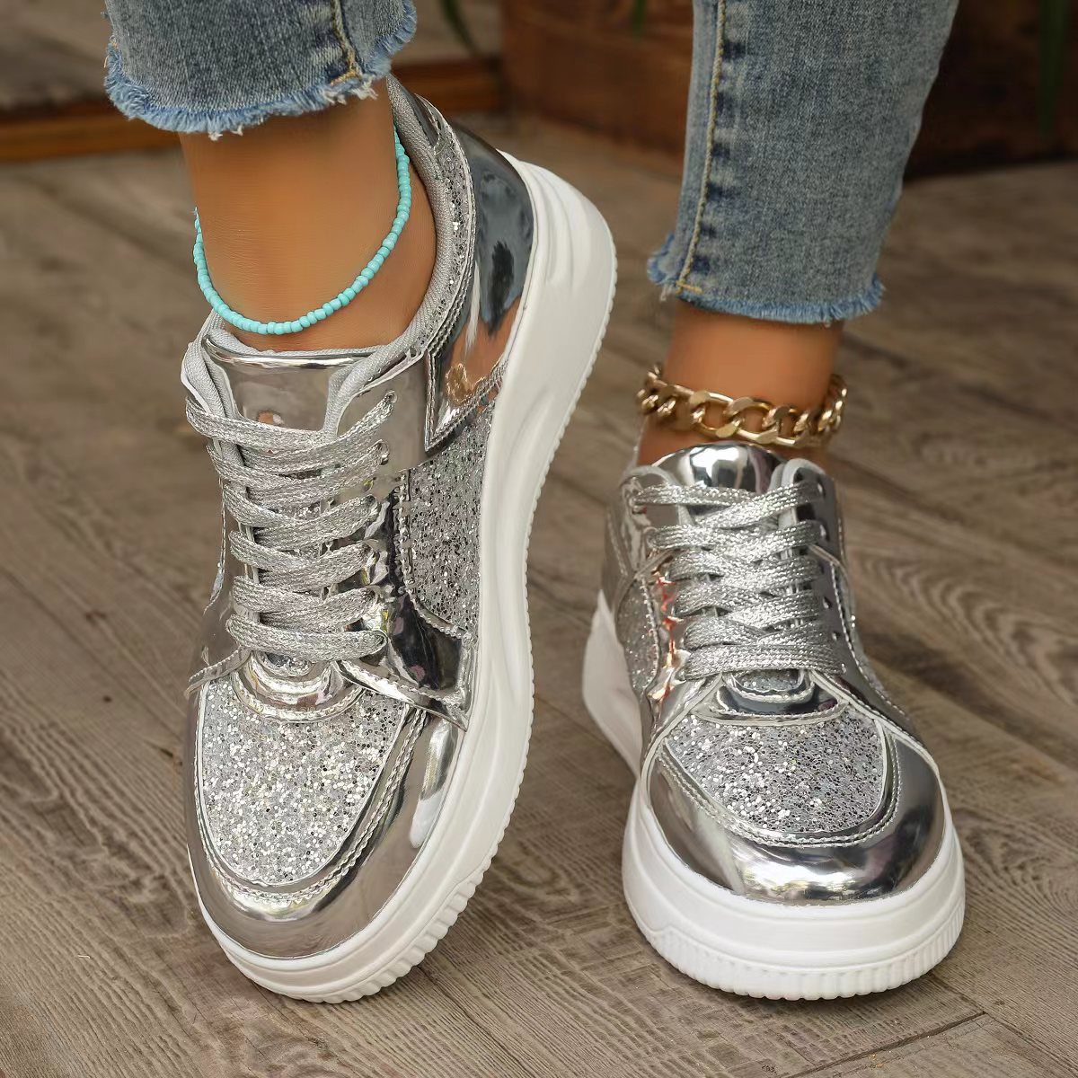 Lace-up Sequin Design Thick Bottom Round Toe Non-slip Walking Sneakers