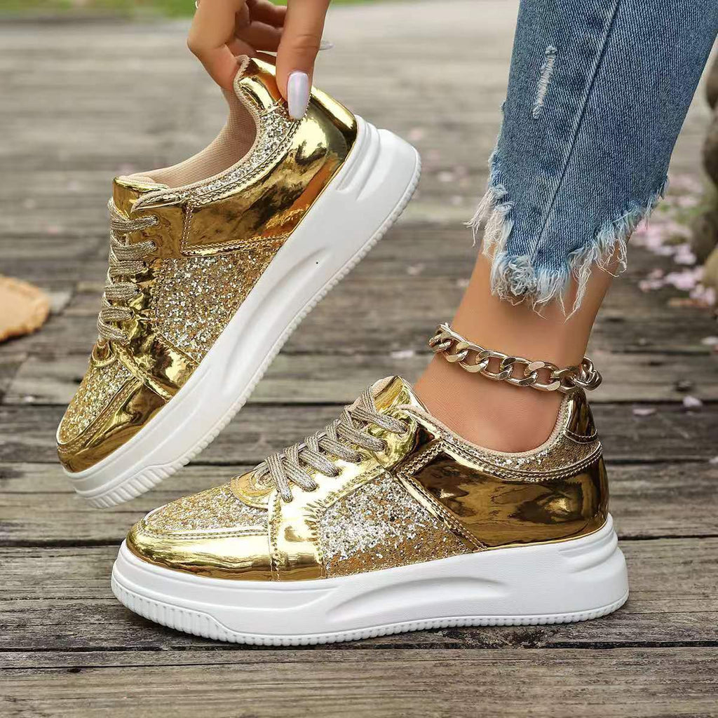 Lace-up Sequin Design Thick Bottom Round Toe Non-slip Walking Sneakers