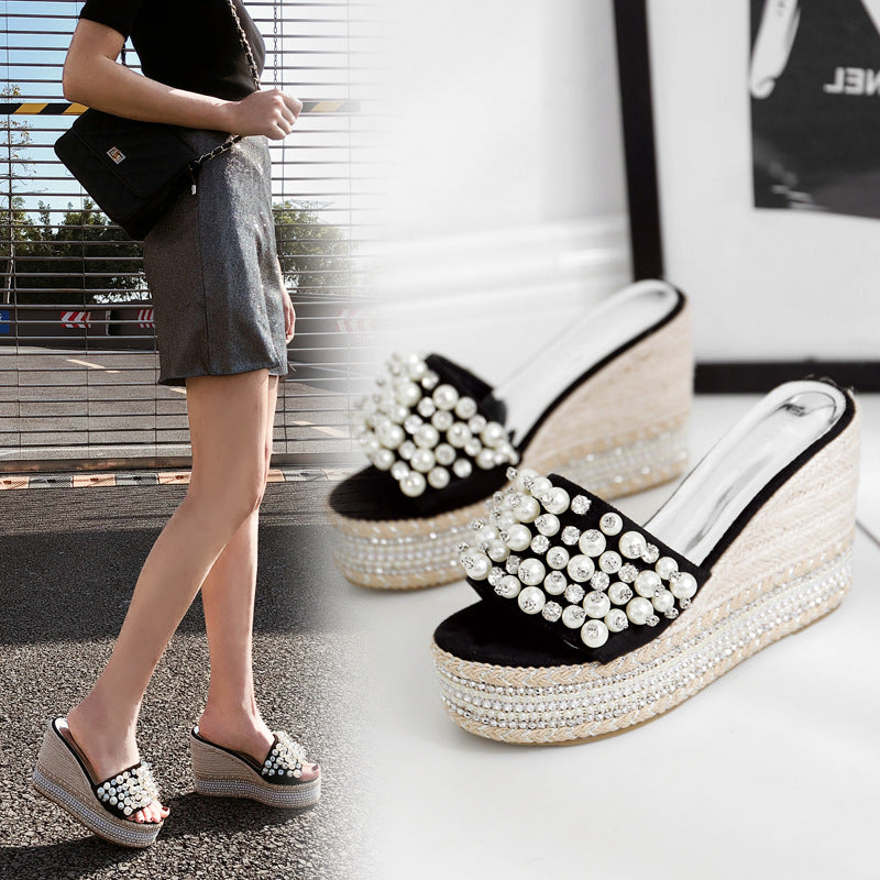 Pearls Roman Wedge Slippers