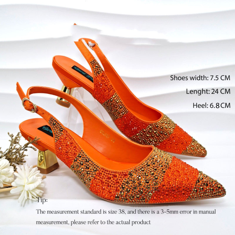 Stripe Rhinestone Pointed-Toe Mid Heels