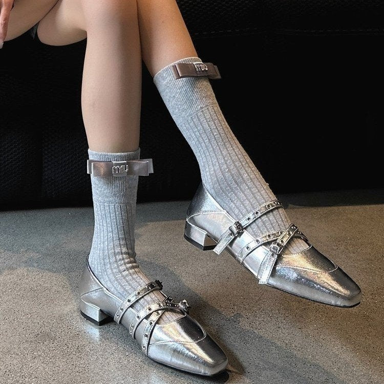 Rivet Mary Jane Square Toe Cross Strap Flats