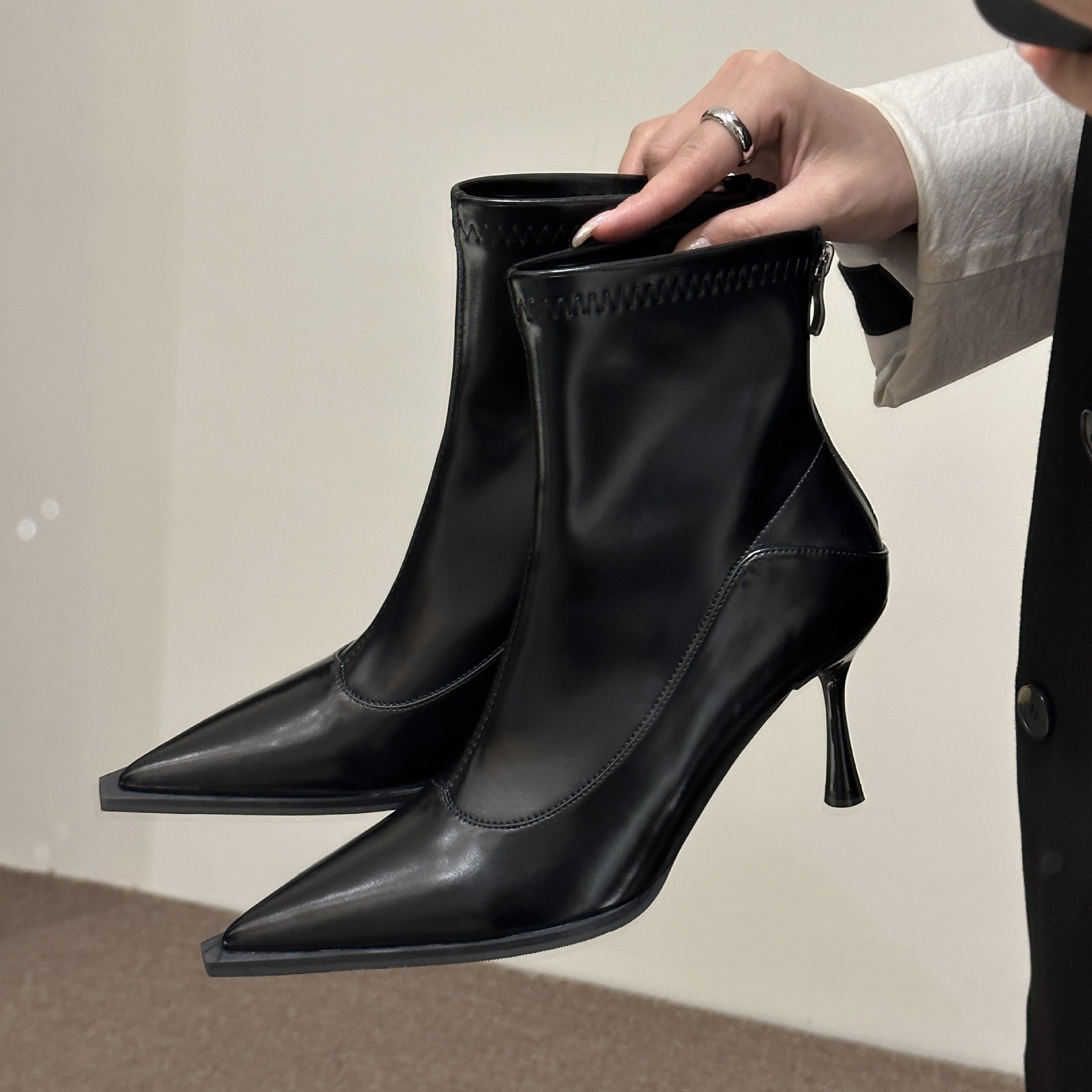Pointed-Toe Soft-Leather Ankle Boots