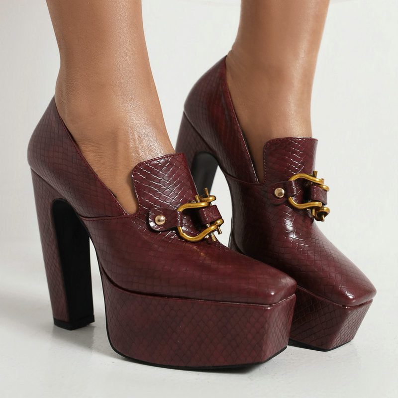 Square Toe Chunky Snake Print Block Heels