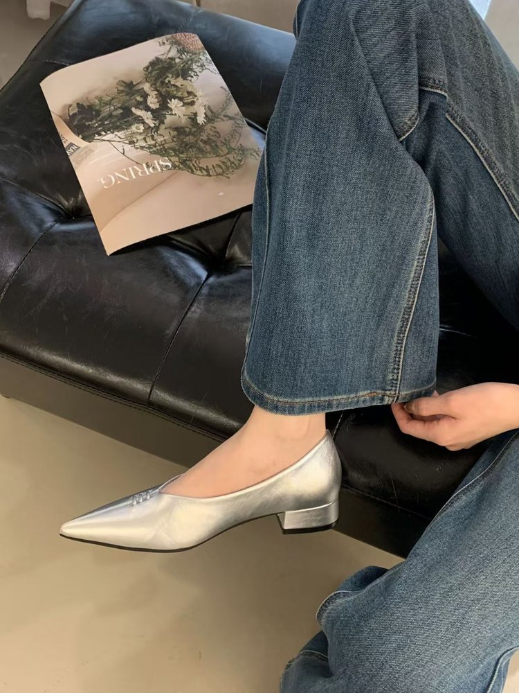 French Pointed-Toe Chunky Low Heel Slip-On Flats