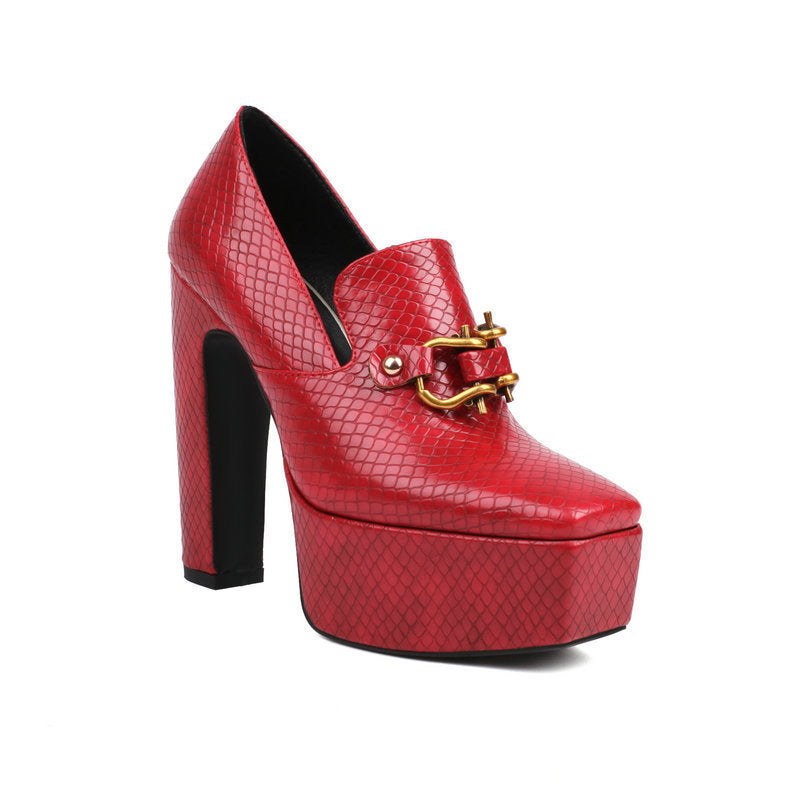Square Toe Chunky Snake Print Block Heels