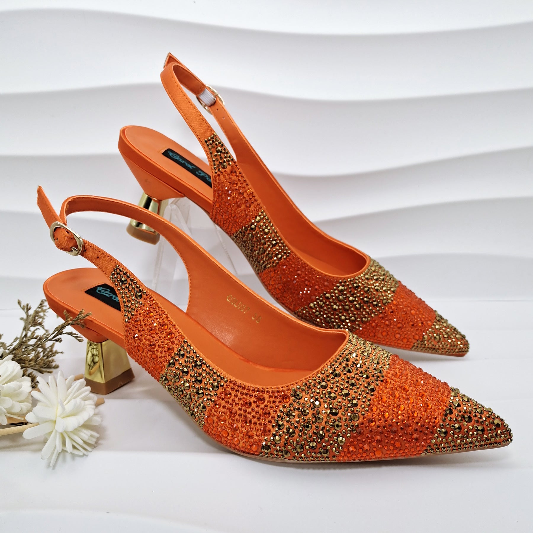 Stripe Rhinestone Pointed-Toe Mid Heels