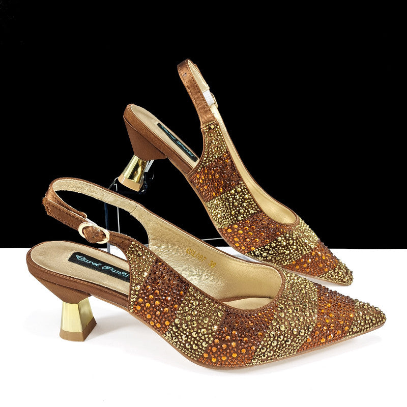 Stripe Rhinestone Pointed-Toe Mid Heels