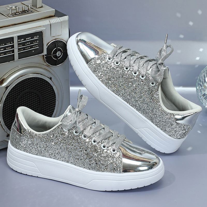 Glitter Sequin Design Thick-Soled Lace-Up Sneakers