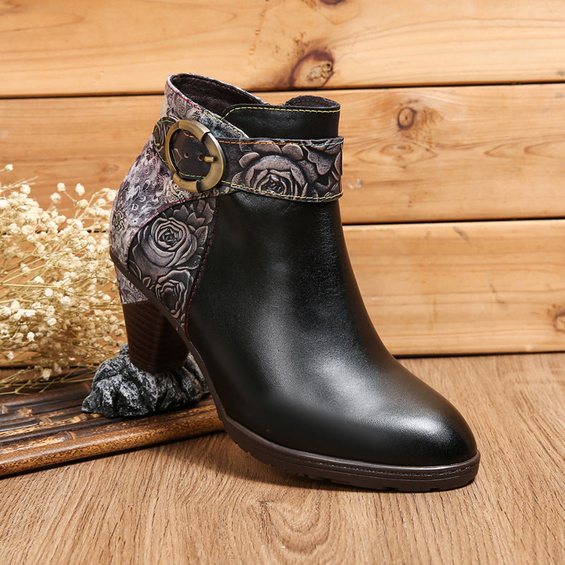 Side Zipper Leather Loop Buckle Ankle Boots