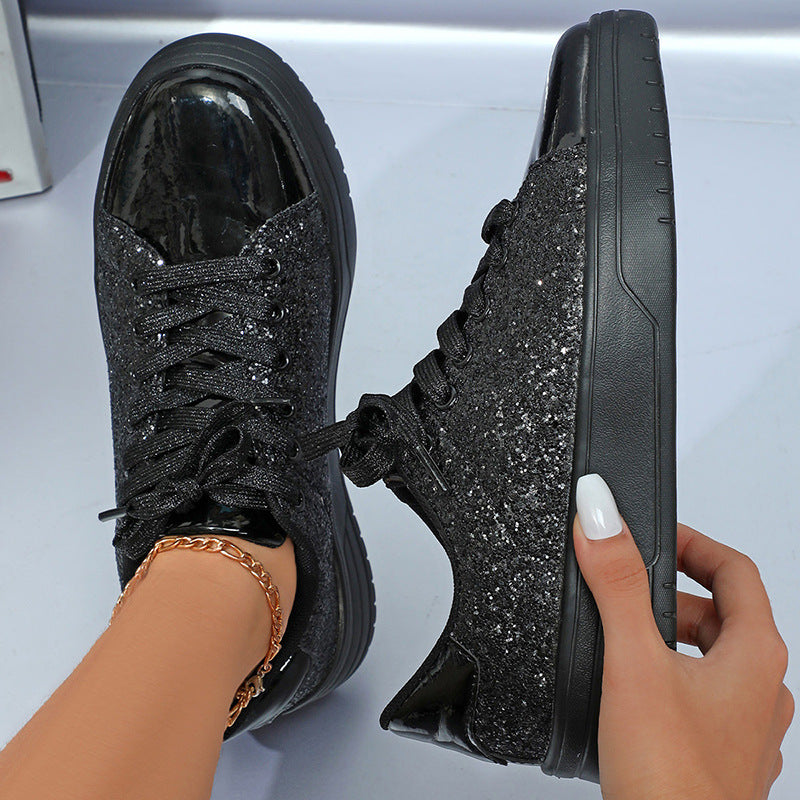 Glitter Sequin Design Thick-Soled Lace-Up Sneakers