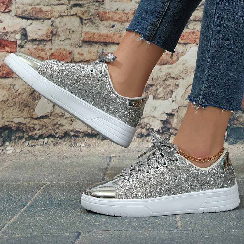 Glitter Sequin Design Thick-Soled Lace-Up Sneakers