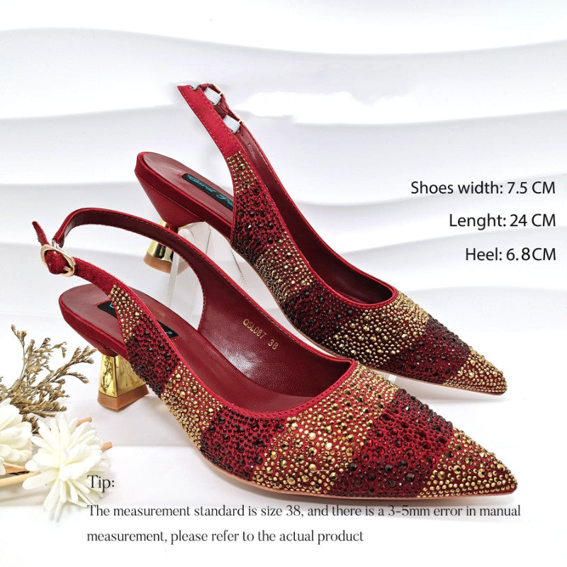 Stripe Rhinestone Pointed-Toe Mid Heels