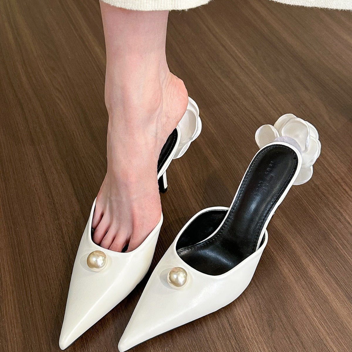 Pearl-Embellished Pointed-Toe Mule Heels