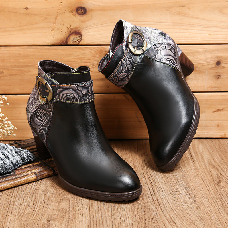 Side Zipper Leather Loop Buckle Ankle Boots