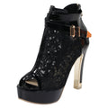 Lace-Trimmed Buckle Peep Toe Chunky Heel Sandals
