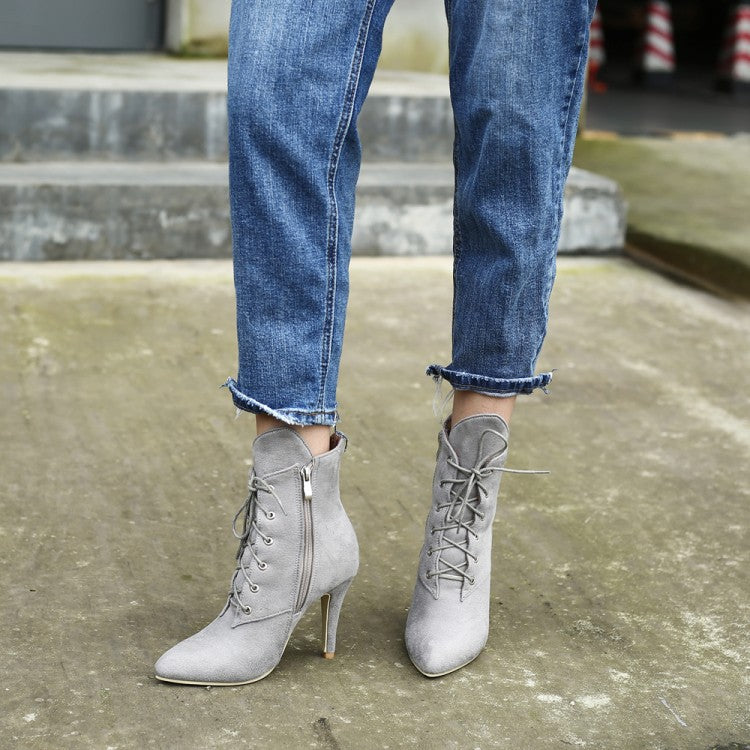Suede Pointed-Toe Lace-Up Boots