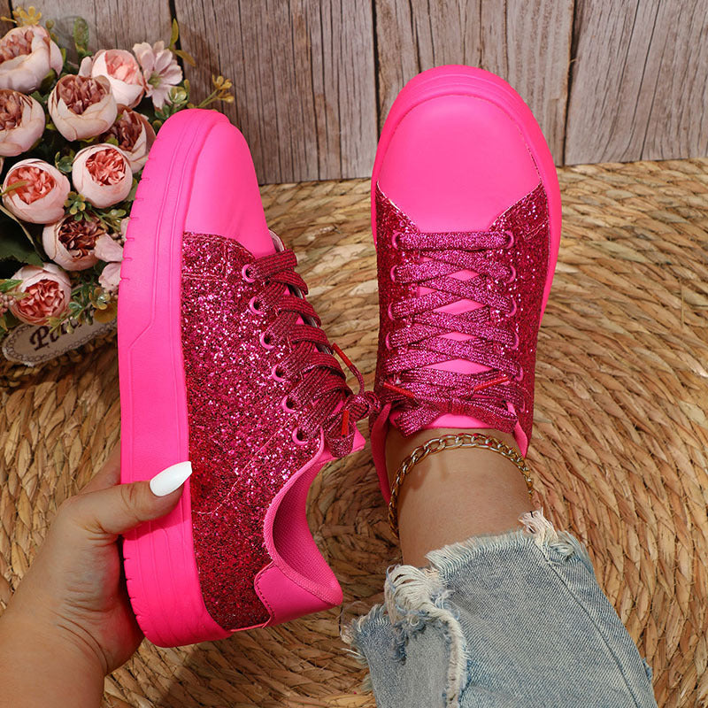 Glitter Sequin Design Thick-Soled Lace-Up Sneakers