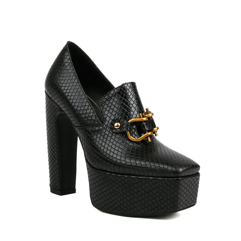 Square Toe Chunky Snake Print Block Heels