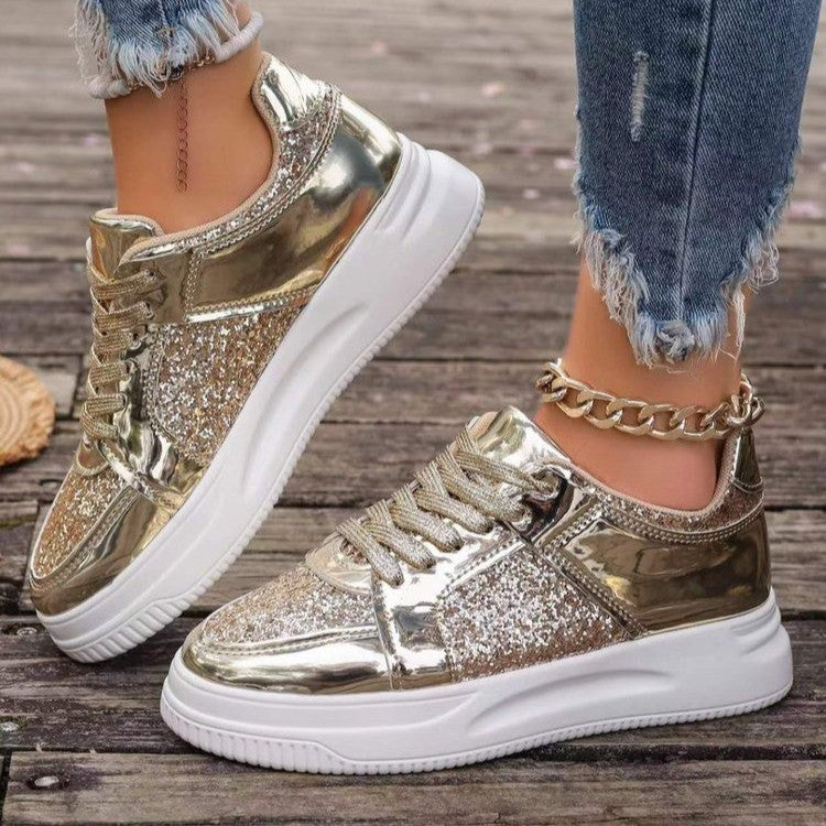 Lace-up Sequin Design Thick Bottom Round Toe Non-slip Walking Sneakers