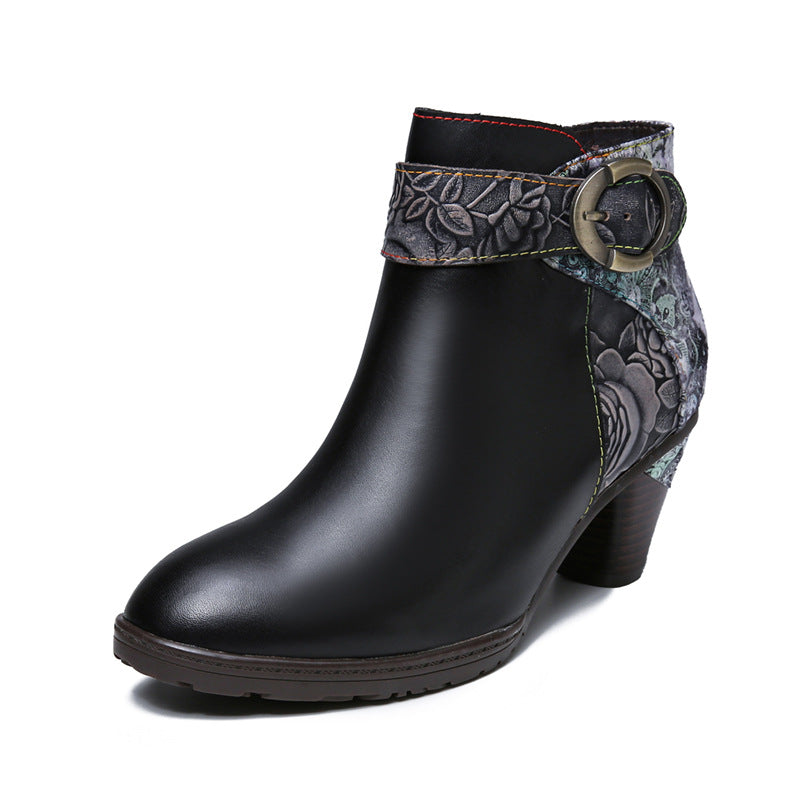 Side Zipper Leather Loop Buckle Ankle Boots