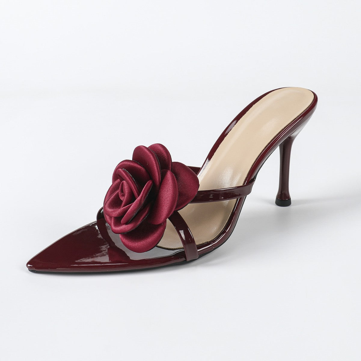 Three-dimensional Flower Patent Leather Pointed-Toe High-Heel Sandals
