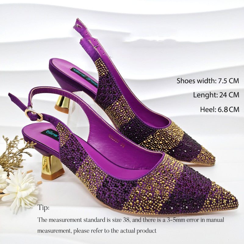 Stripe Rhinestone Pointed-Toe Mid Heels