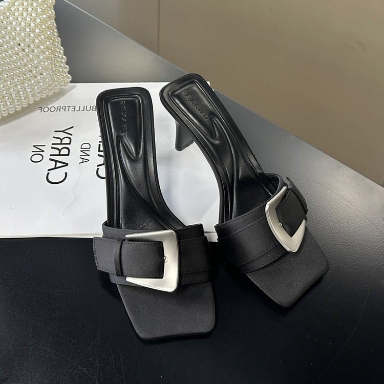 Belt Buckle Satin Square Toe High Heel Slippers