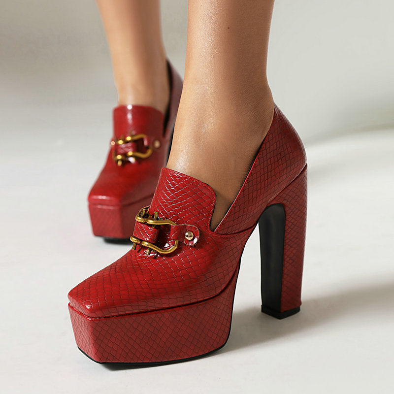 Square Toe Chunky Snake Print Block Heels