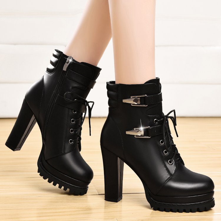 Double Buckle Lace Up High Heel Boots