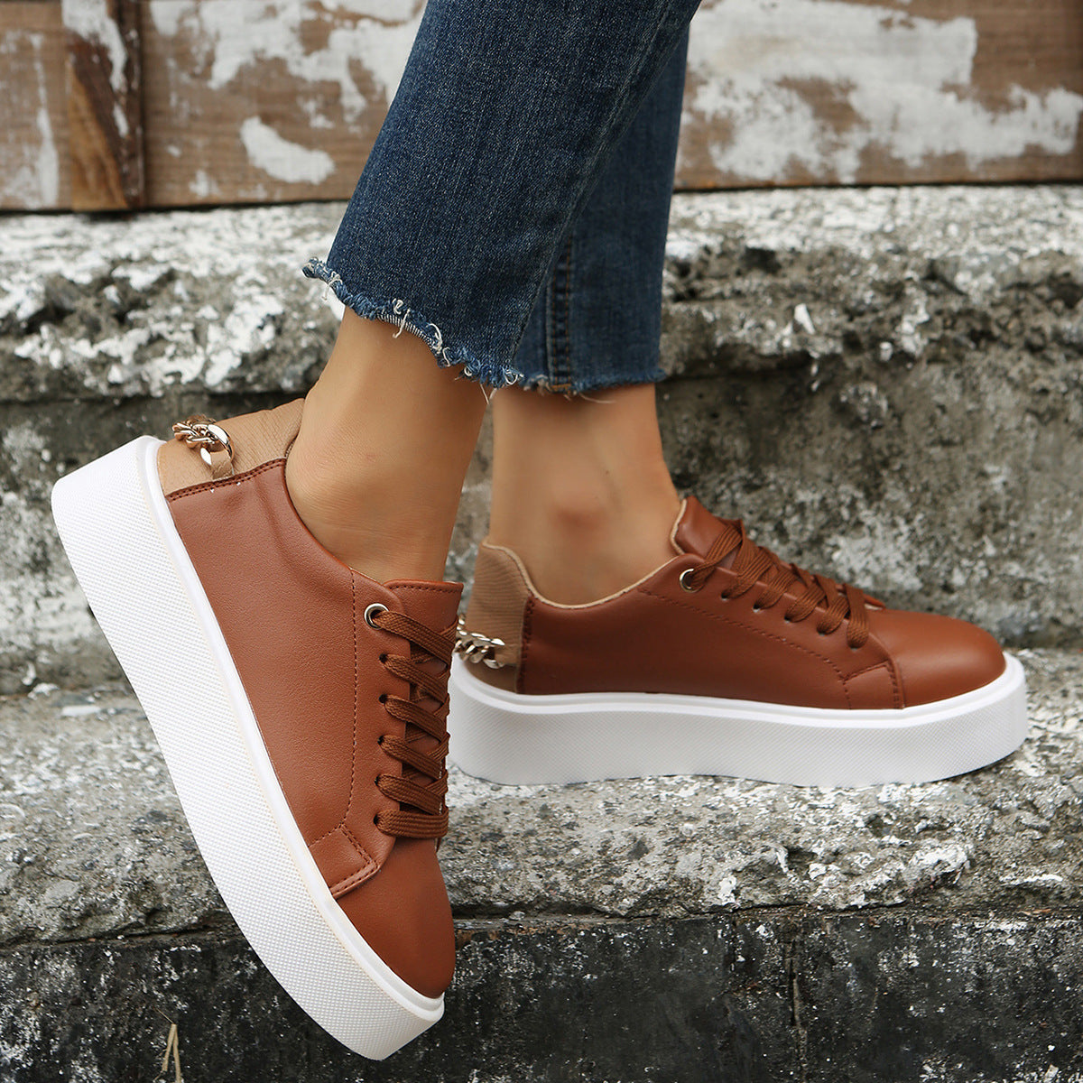 Flat Heeled Chain Lace Up Sneakers