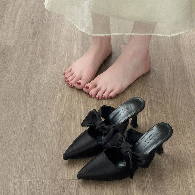 French Bow Pointed-Toe Slip-On Heels