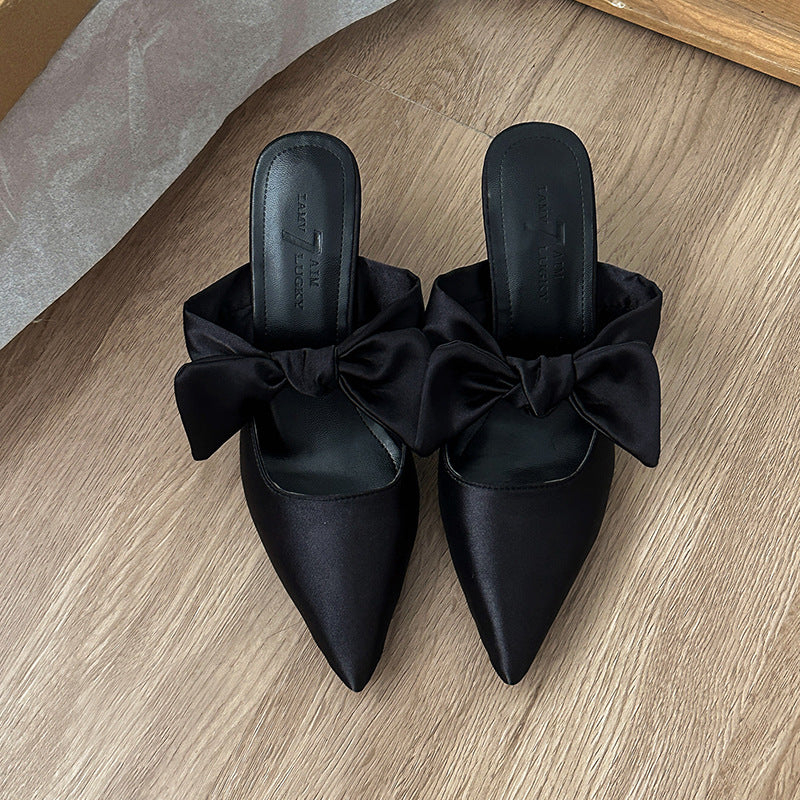 French Bow Pointed-Toe Slip-On Heels