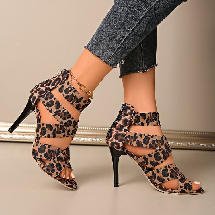 Leopard Print Crisscross Strap Stiletto Heel Sandals
