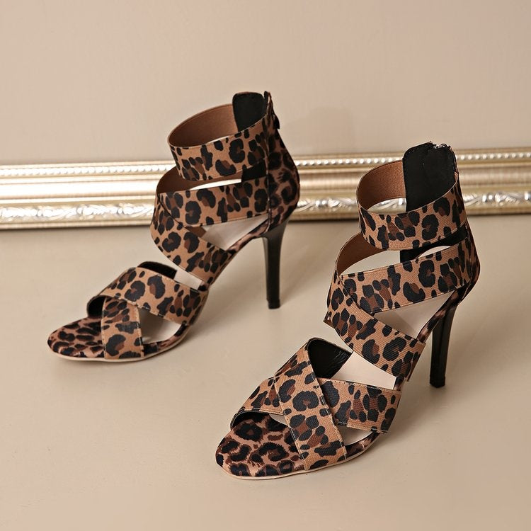 Leopard Print Crisscross Strap Stiletto Heel Sandals