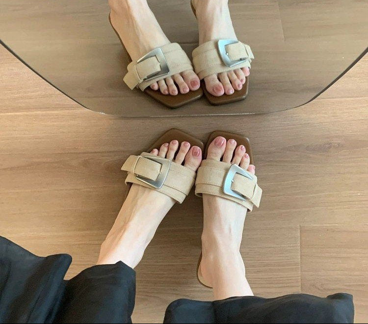 Open Toe Single Strap Flat Slide Sandals