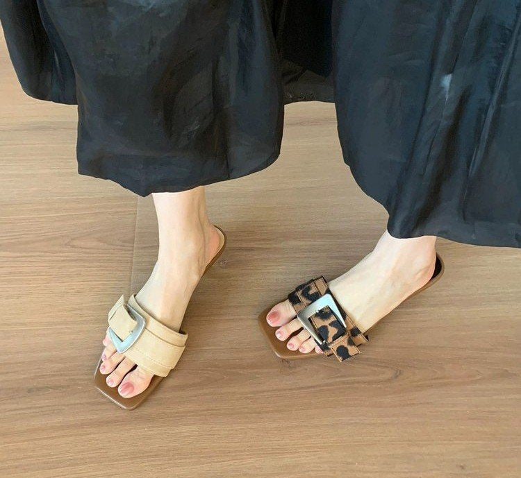 Open Toe Single Strap Flat Slide Sandals