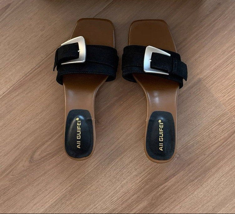 Open Toe Single Strap Flat Slide Sandals
