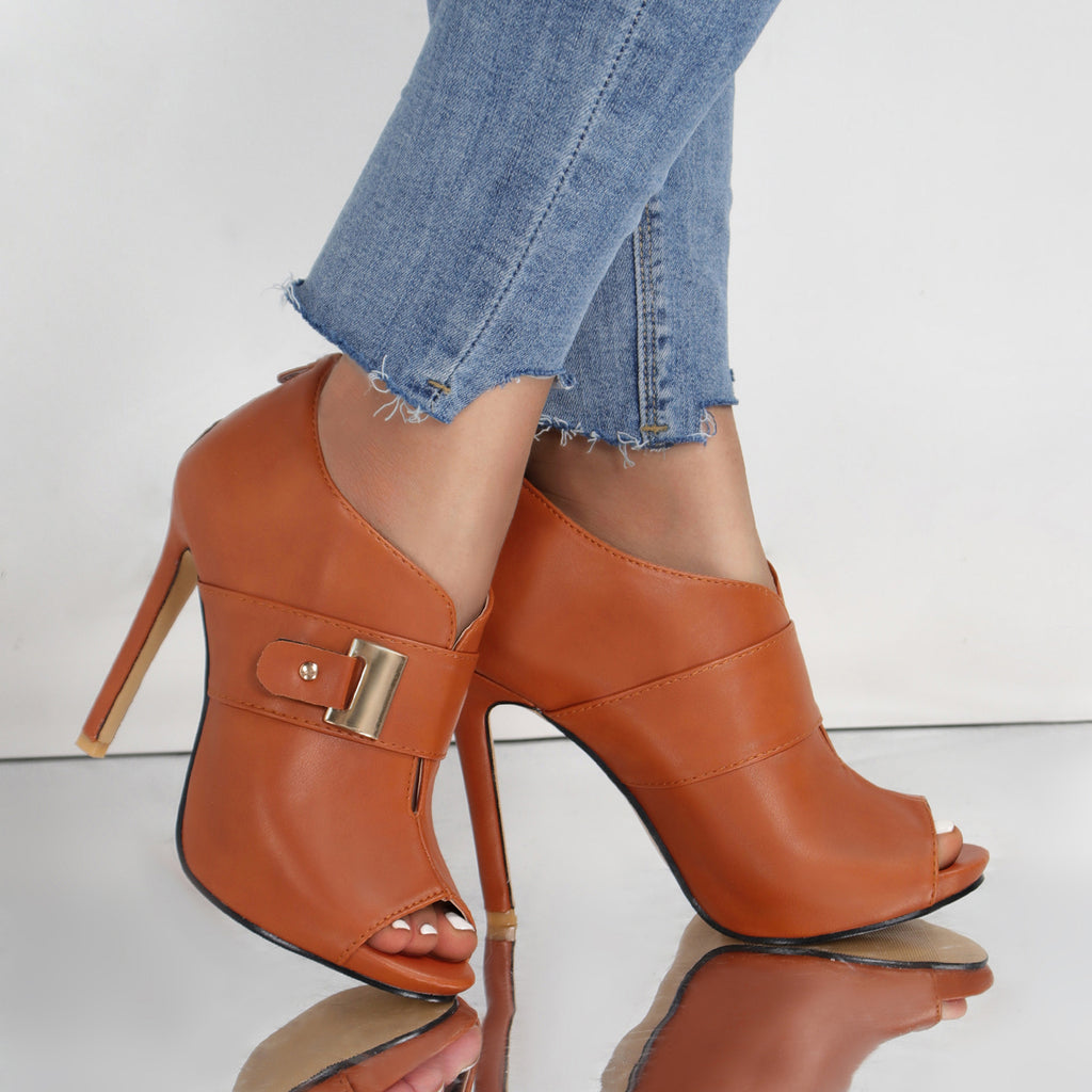 Peep-Toe Metal-Buckle Stiletto Heels