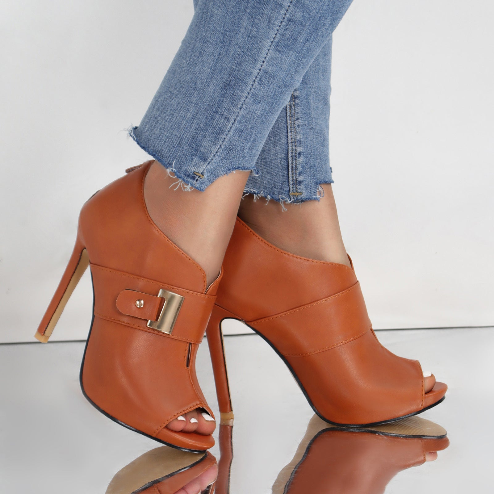 Peep-Toe Metal-Buckle Stiletto Heels